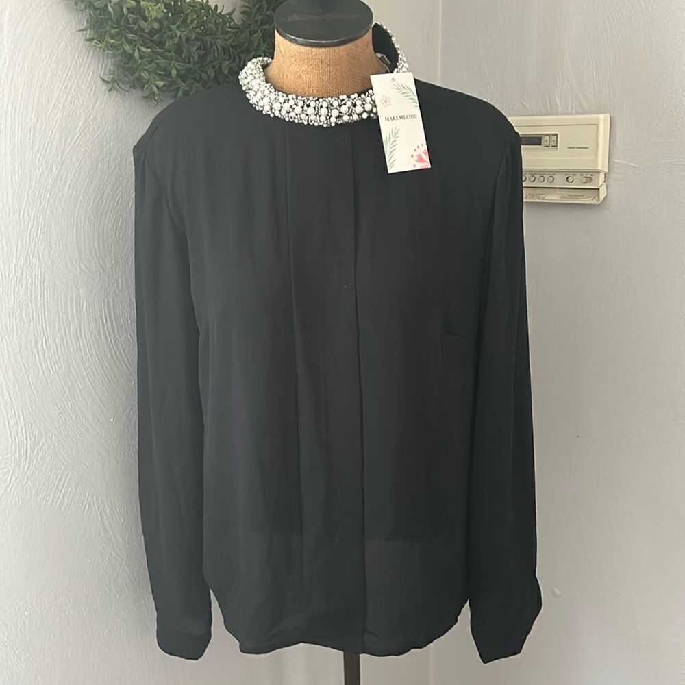 Classy‎ black dressy blouse with pearl beaded neckline XL